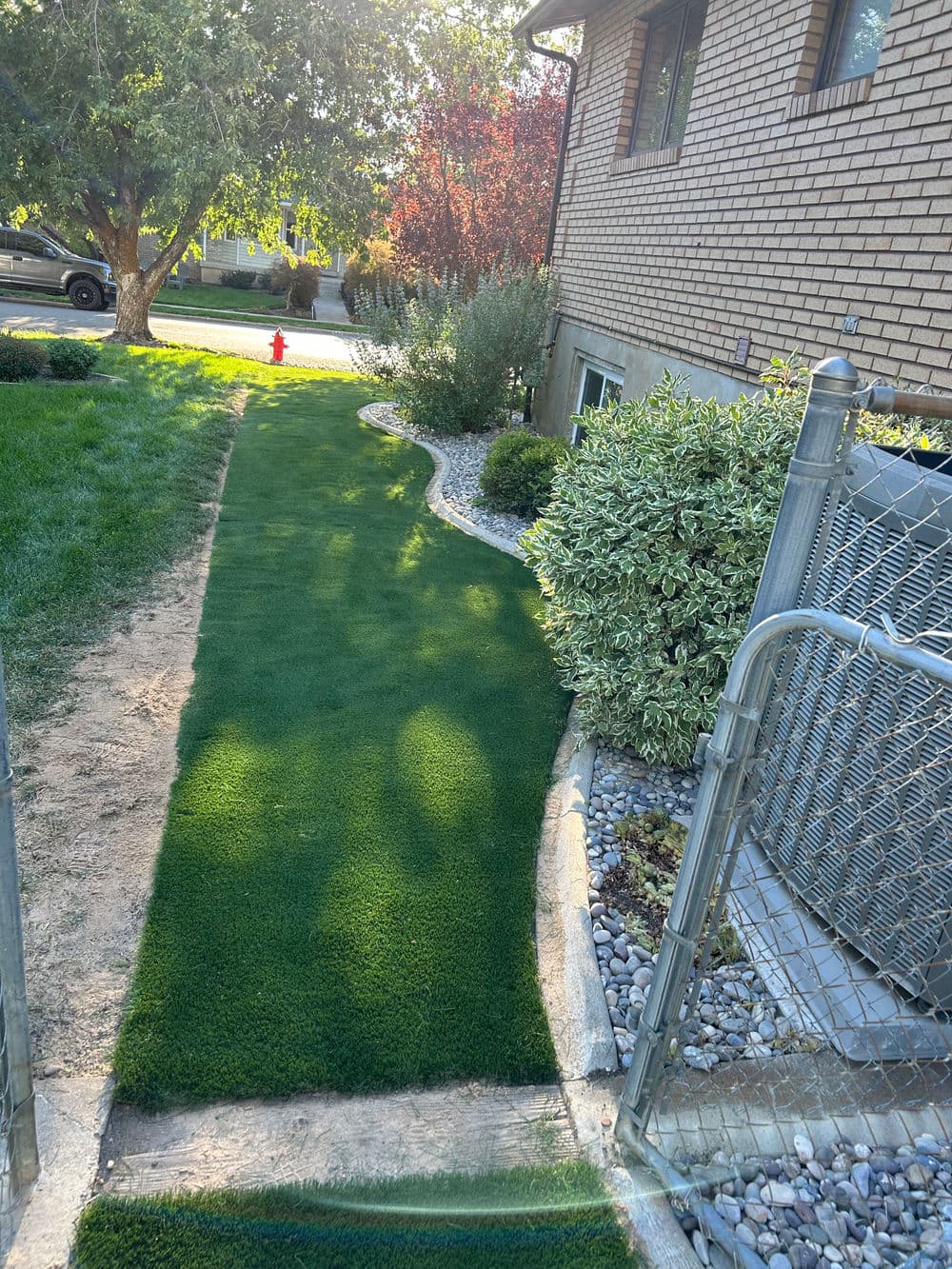 Artificial turf pathway leading to a home, with greenery and a fire hydrant nearby.